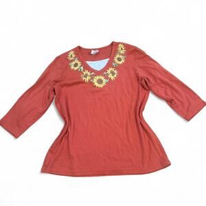 Orange embroidered sunflower v neck x